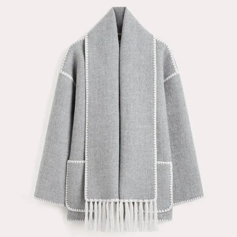 Women's Fashion Warm Coats With Scarf Elegant Single Breasted Jackets with Pockets Loose Streetwear