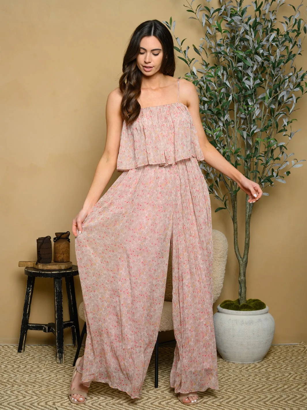 WOMEN'S FLORAL RUFFLE SLEEVELESS JUMPSUIT