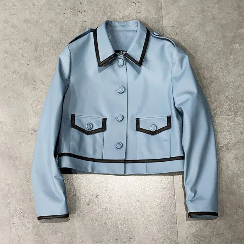 Women's Genuine Sheepskin Leather Jackets Lady Turn Down Collar Leather Coats Rivet Motorcycle Biker Jackets TF4801
