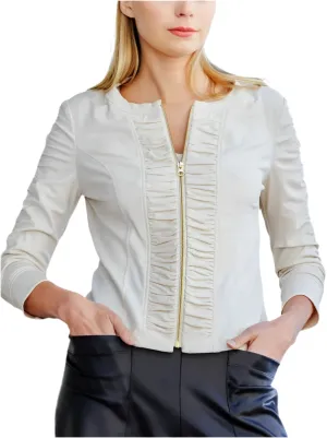 Women's Ivory Liquid Jacket Ruched Zip 3/4 Sleeves