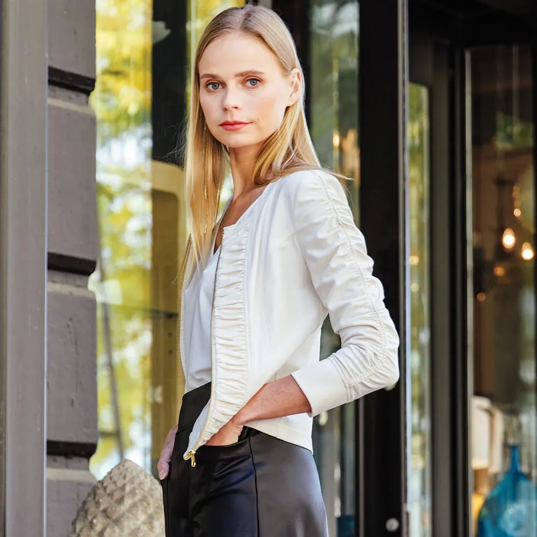 Women's Ivory Liquid Jacket Ruched Zip 3/4 Sleeves