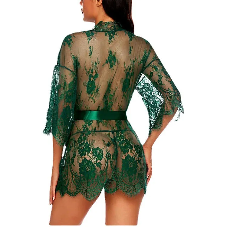 Women's Lace Kimono Robe Babydoll Lingerie Mesh Nightgown