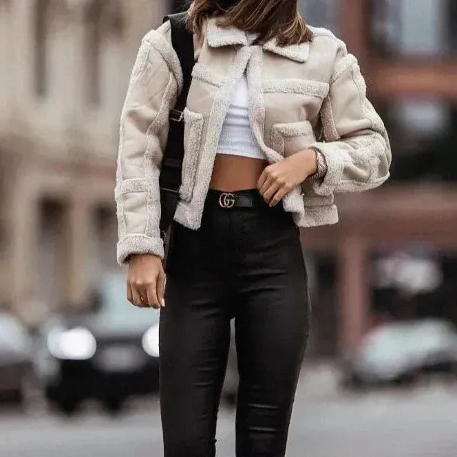 Women's Lambskin Leather Coat by Lena, Featuring Stitching Detail