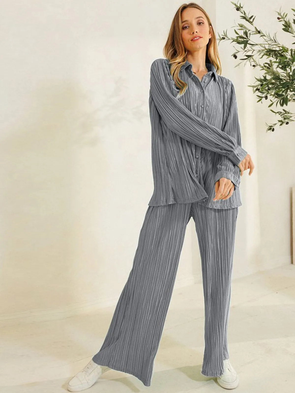 WOMEN'S LONG SLEEVE BLOUSE & ELASTIC WAIST PANTS PLEATED 2PC.SET