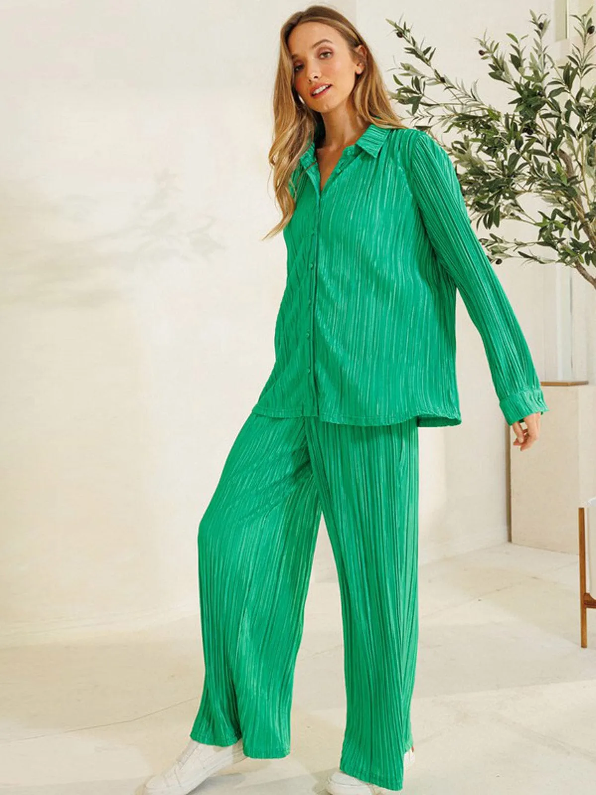WOMEN'S LONG SLEEVE BLOUSE & ELASTIC WAIST PANTS PLEATED 2PC.SET