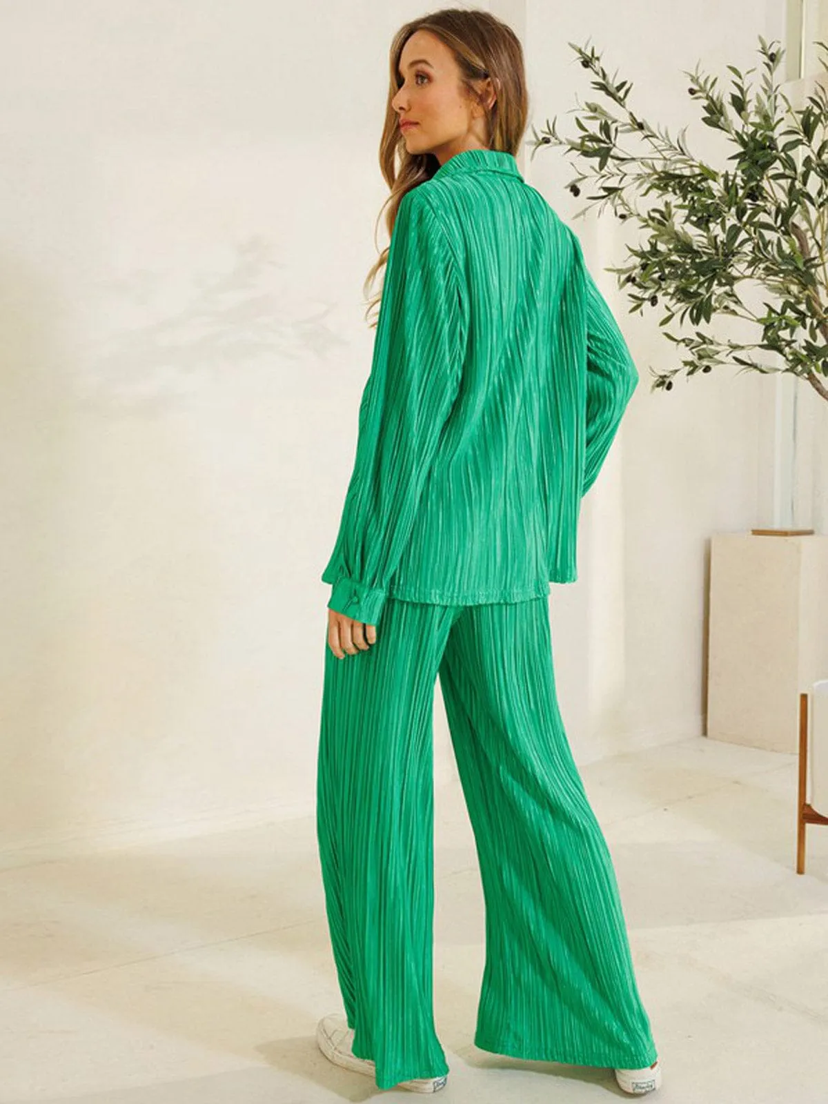 WOMEN'S LONG SLEEVE BLOUSE & ELASTIC WAIST PANTS PLEATED 2PC.SET
