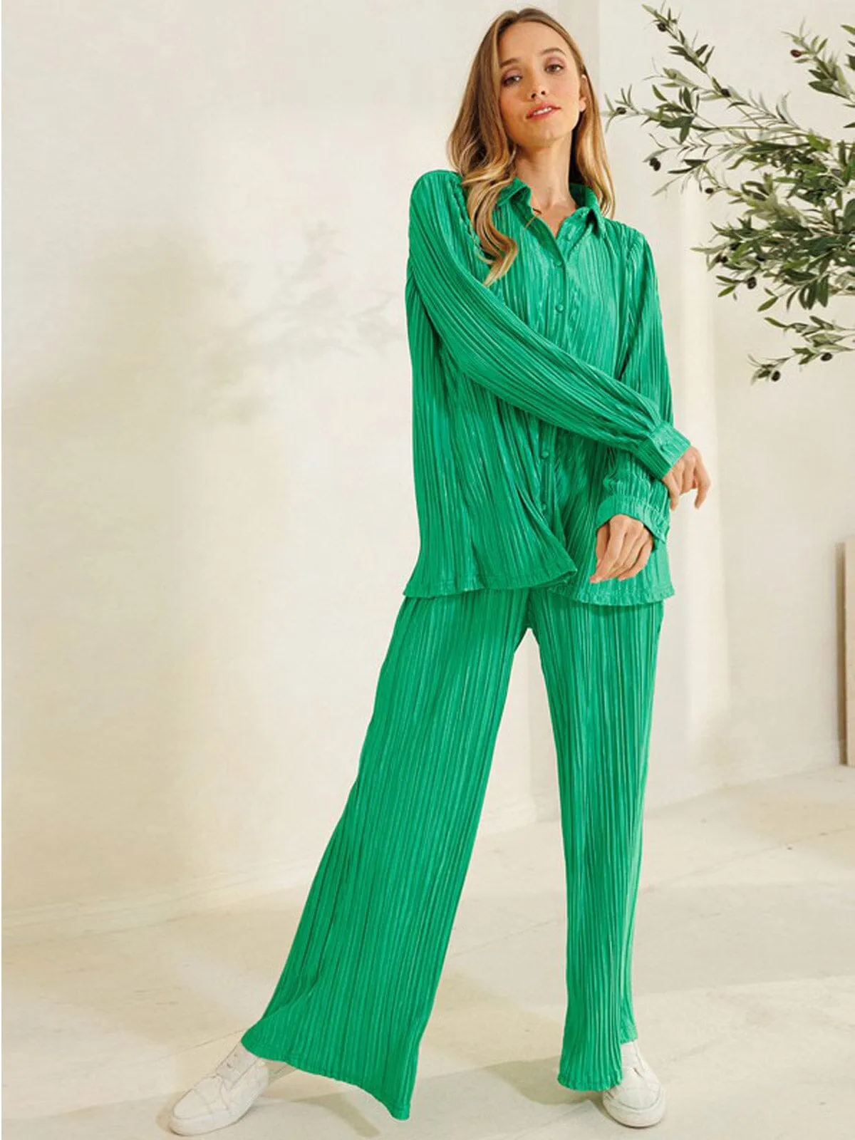 WOMEN'S LONG SLEEVE BLOUSE & ELASTIC WAIST PANTS PLEATED 2PC.SET
