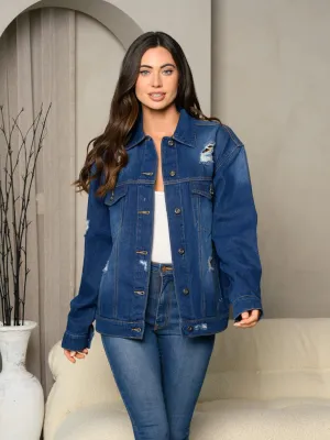 WOMEN'S LONG SLEEVE DENIM BUTTON UP DISTRESS JACKET