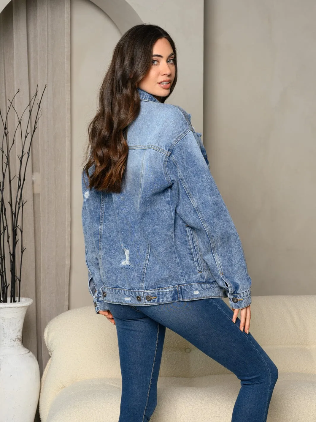 WOMEN'S LONG SLEEVE DENIM BUTTON UP DISTRESS JACKET