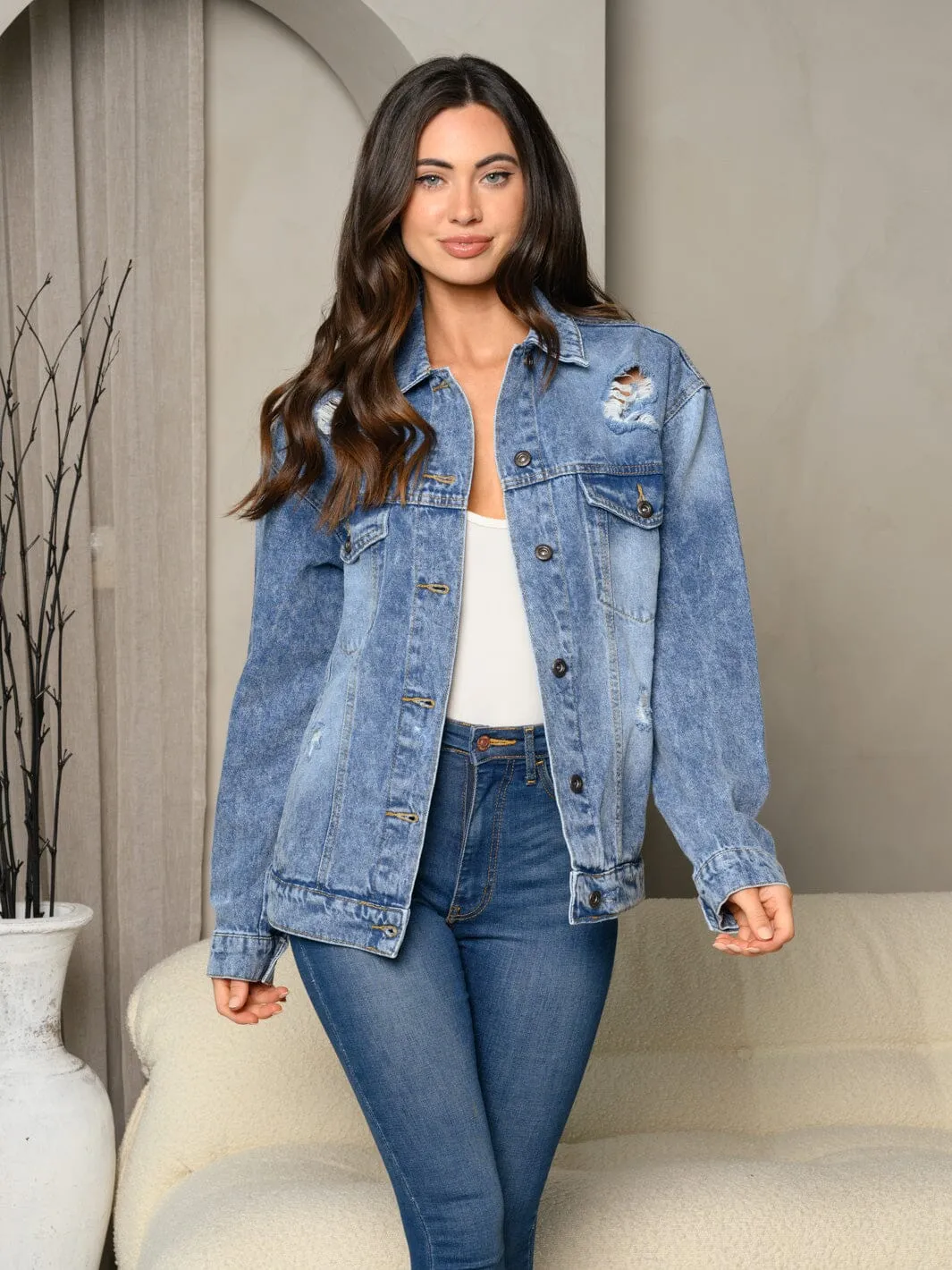 WOMEN'S LONG SLEEVE DENIM BUTTON UP DISTRESS JACKET
