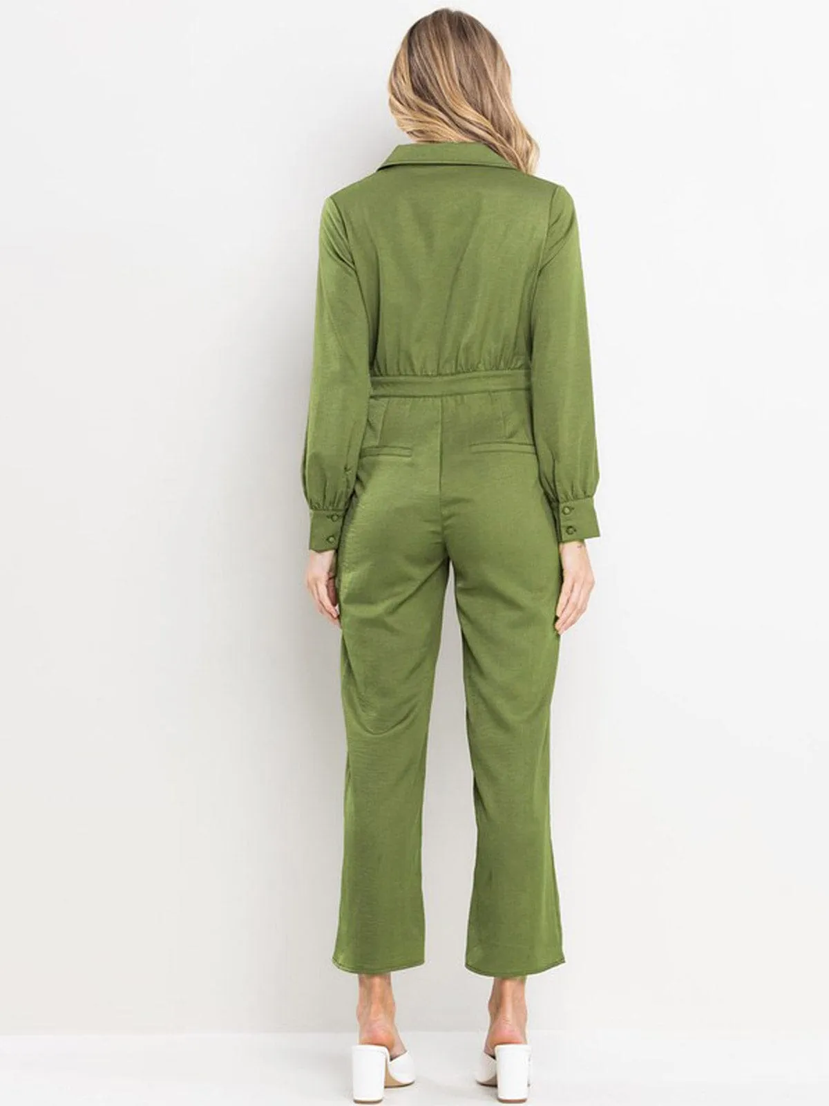 WOMEN'S LONG SLEEVE FRONT POCKETS BUTTON UP WIDE LEG JUMPSUIT
