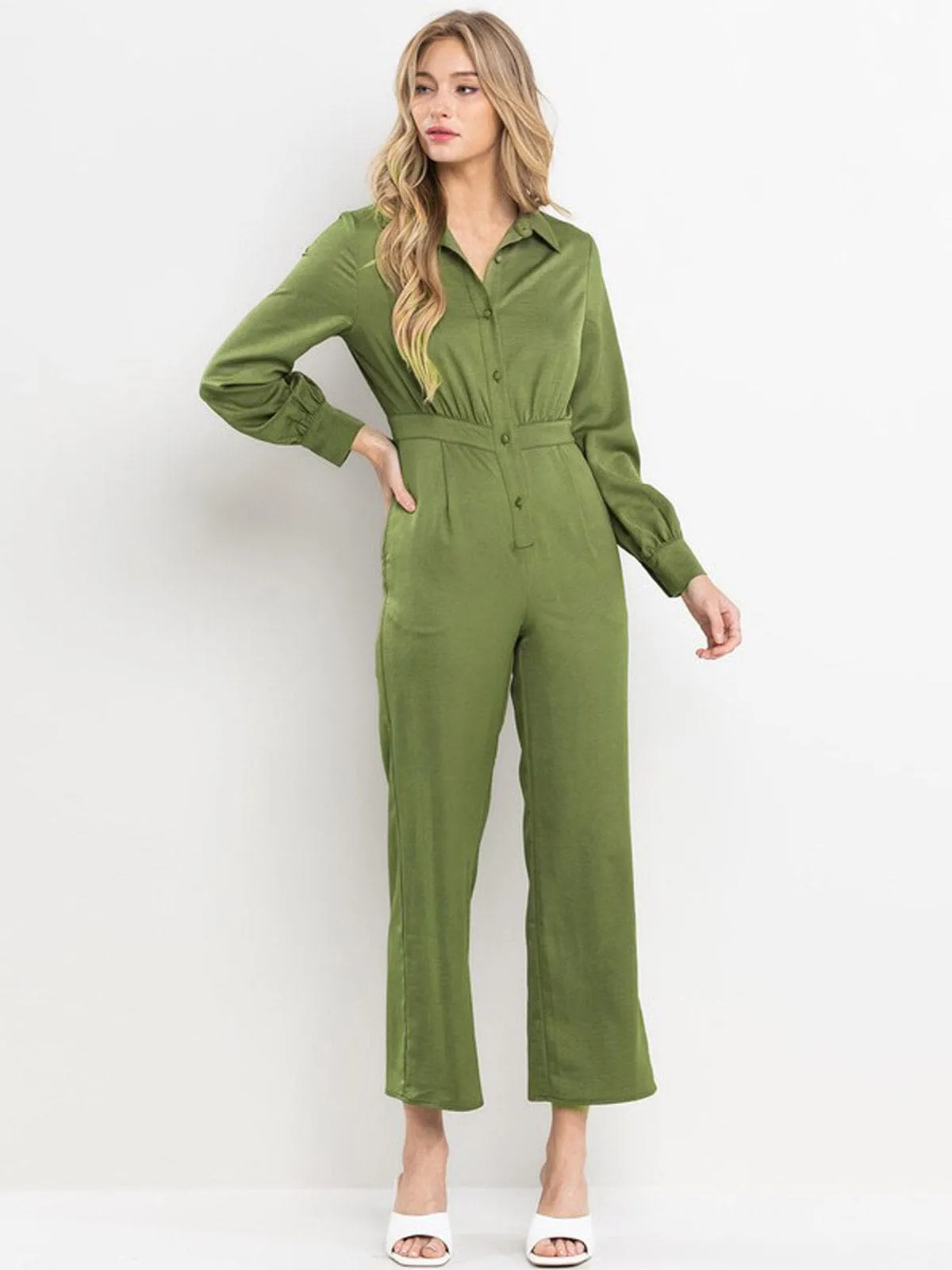 WOMEN'S LONG SLEEVE FRONT POCKETS BUTTON UP WIDE LEG JUMPSUIT