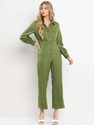 WOMEN'S LONG SLEEVE FRONT POCKETS BUTTON UP WIDE LEG JUMPSUIT