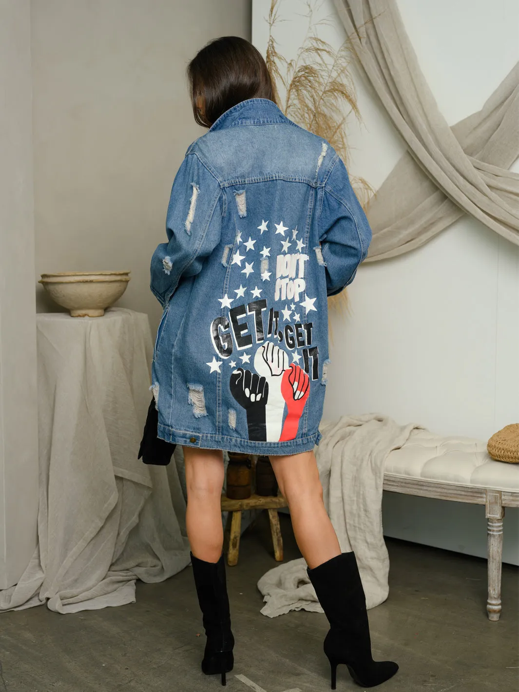 WOMEN'S LONG SLEEVE GRAPHIC BACK DENIM DRESS JACKET