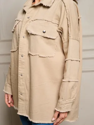 WOMEN'S LONG SLEEVE GRAPHIC BUTTON UP RAW EDGE DENIM JACKET