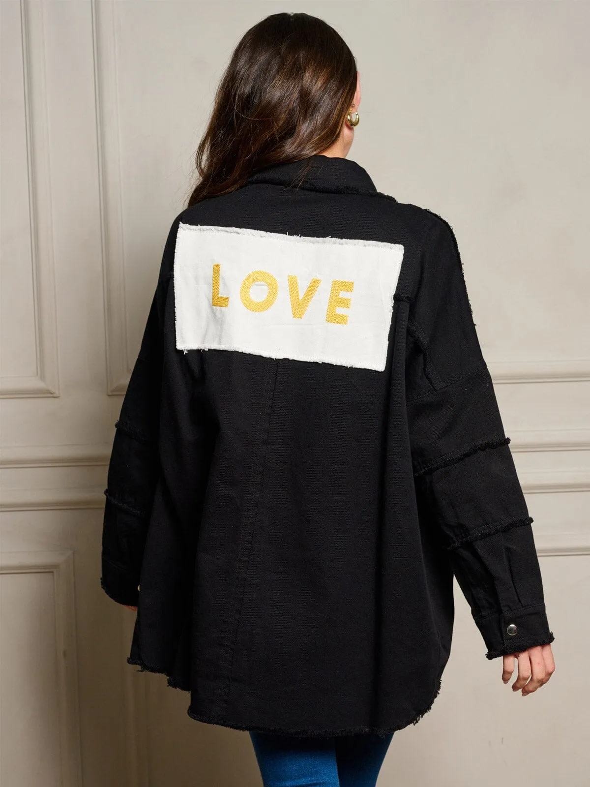 WOMEN'S LONG SLEEVE GRAPHIC BUTTON UP RAW EDGE DENIM JACKET