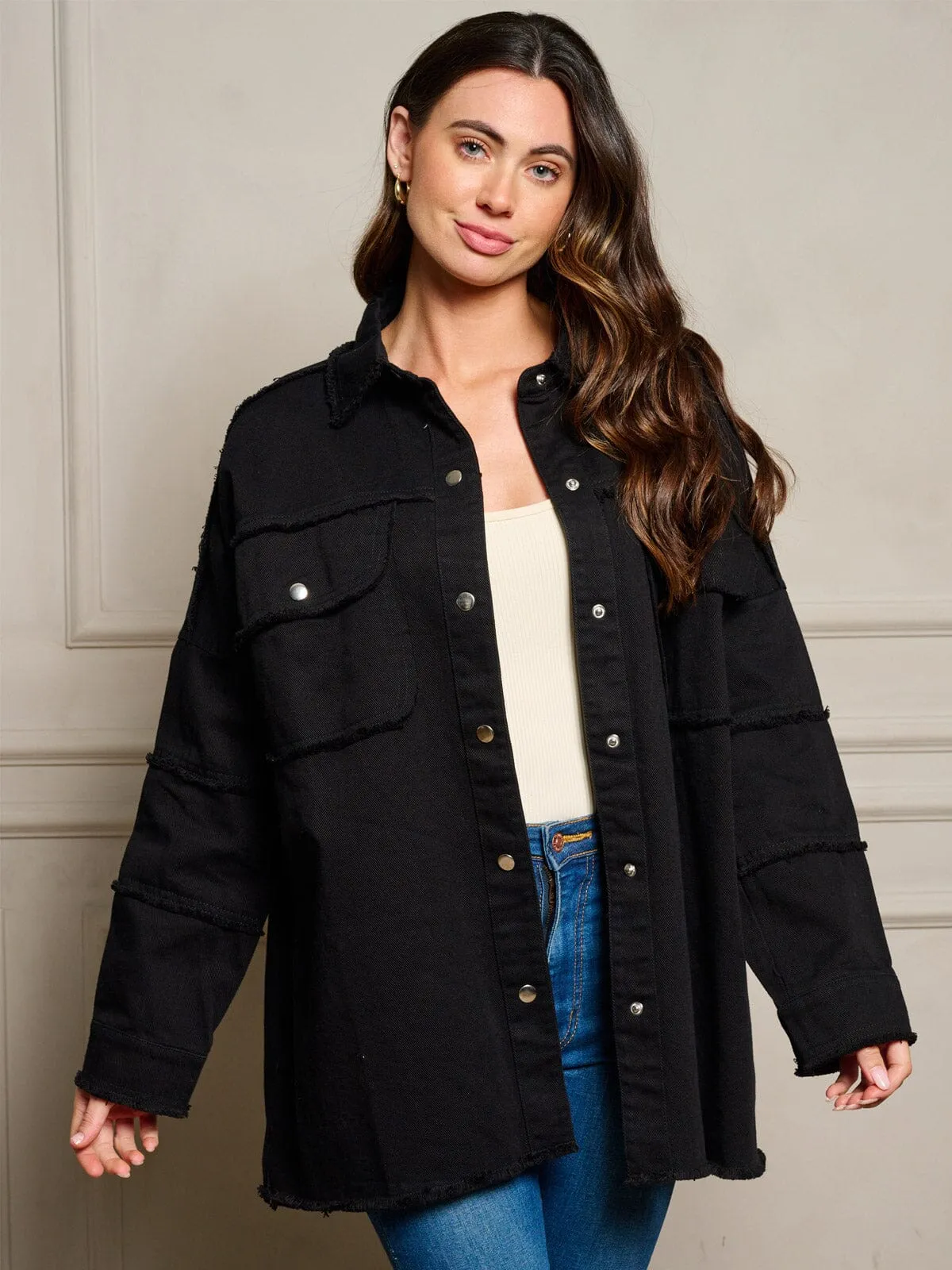 WOMEN'S LONG SLEEVE GRAPHIC BUTTON UP RAW EDGE DENIM JACKET