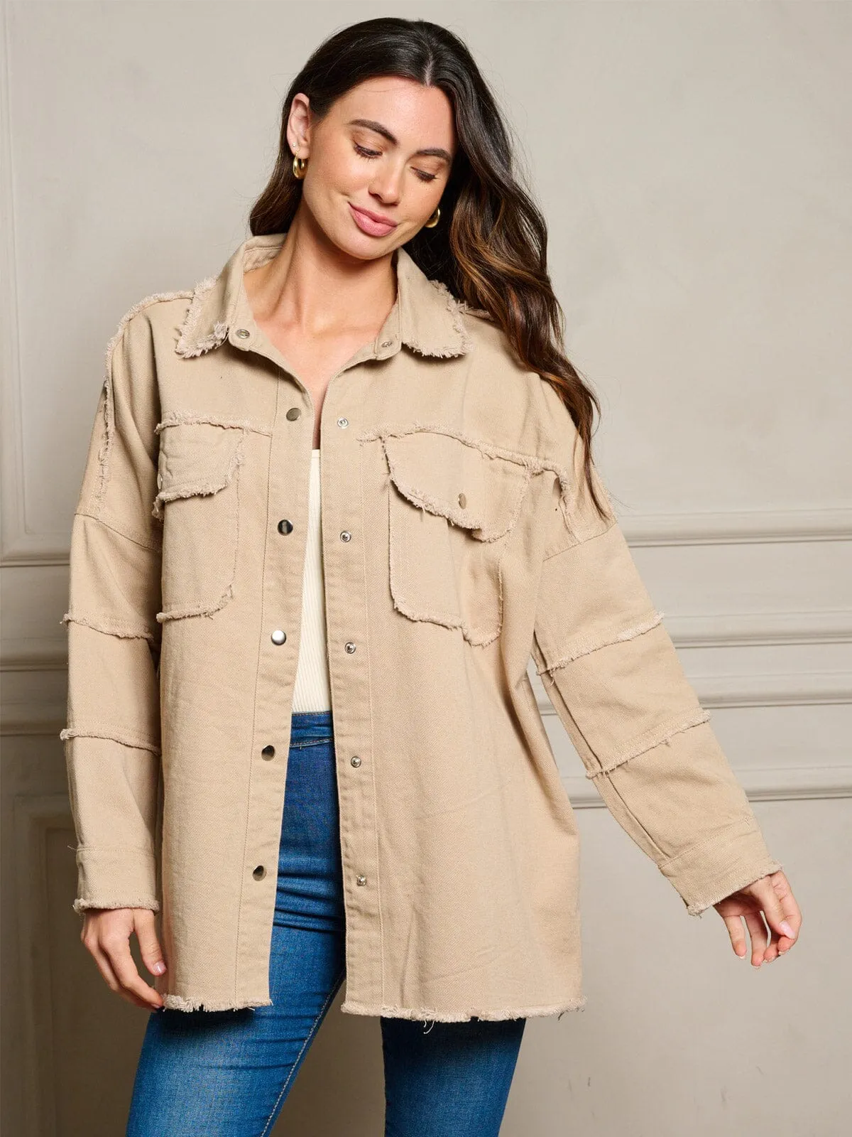 WOMEN'S LONG SLEEVE GRAPHIC BUTTON UP RAW EDGE DENIM JACKET