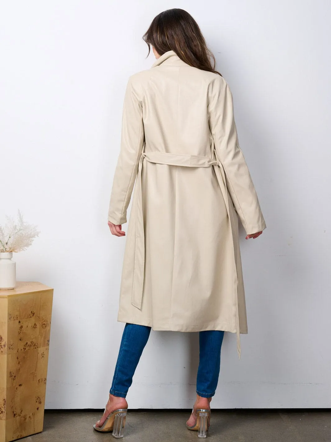 WOMEN'S LONG SLEEVE OPEN FRONT SELF TIE PU PLEATHER COAT