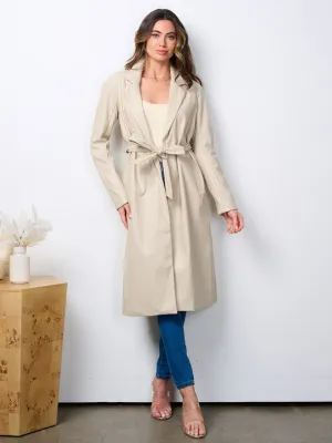 WOMEN'S LONG SLEEVE OPEN FRONT SELF TIE PU PLEATHER COAT