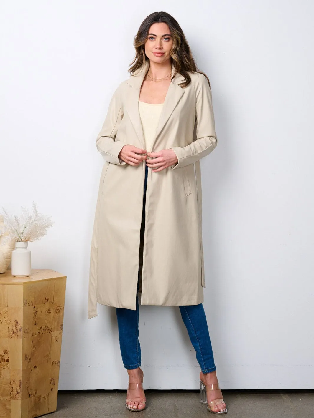 WOMEN'S LONG SLEEVE OPEN FRONT SELF TIE PU PLEATHER COAT