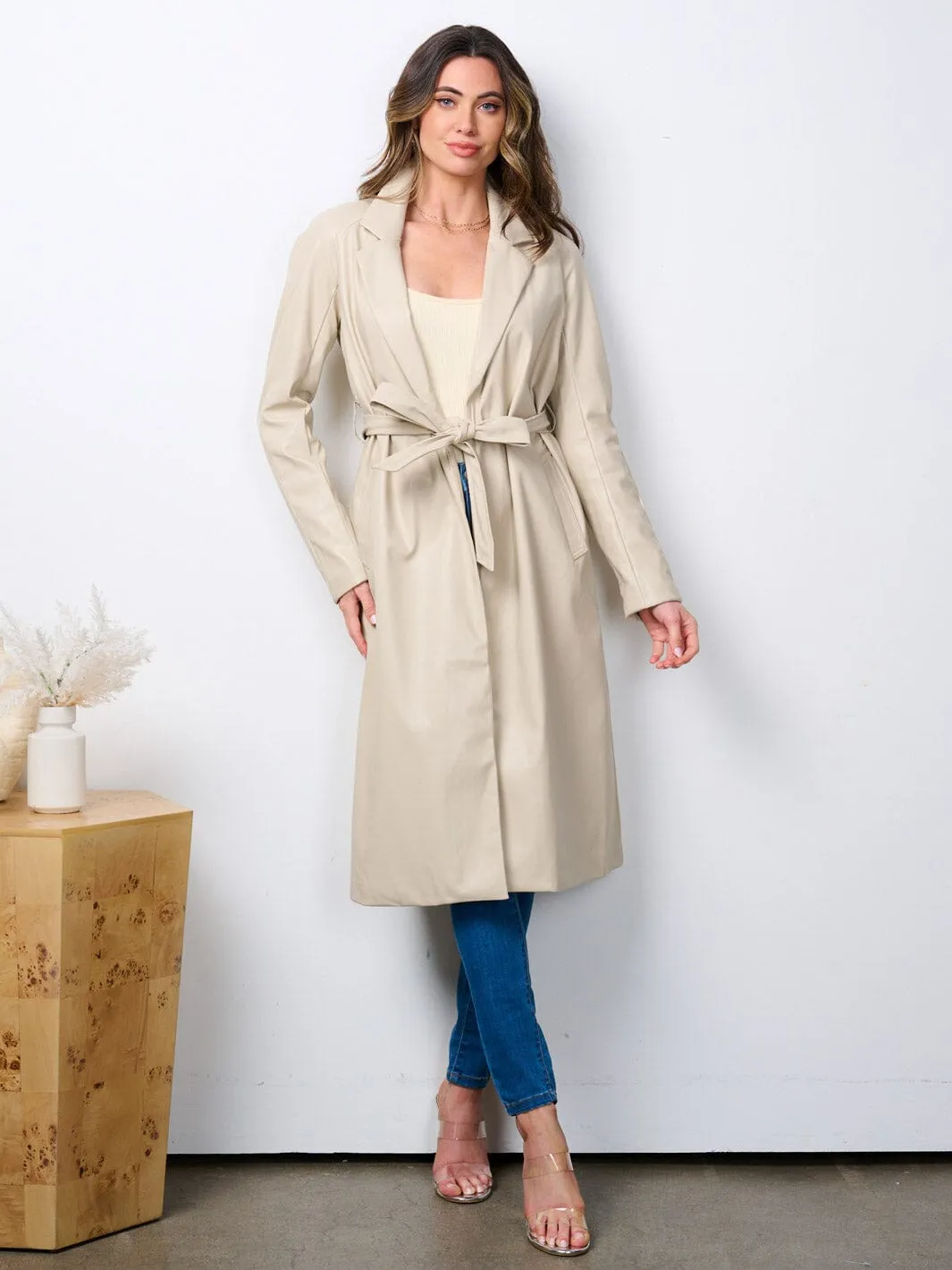 WOMEN'S LONG SLEEVE OPEN FRONT SELF TIE PU PLEATHER COAT