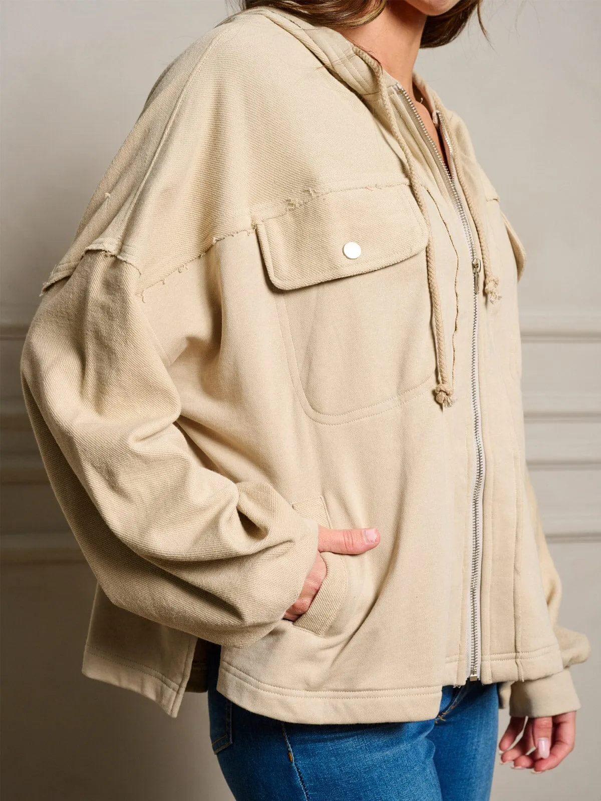 WOMEN'S LONG SLEEVE POCKETS ZIP UP HOODED JACKET