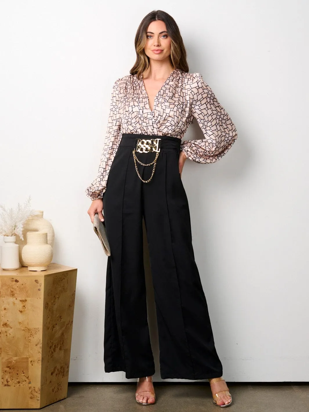 WOMEN'S LONG SLEEVE V-NECK POCKETS MULTI PRINT JUMPSUIT