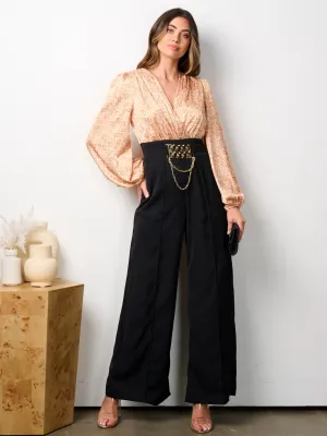 WOMEN'S LONG SLEEVE V-NECK POCKETS MULTI PRINT JUMPSUIT