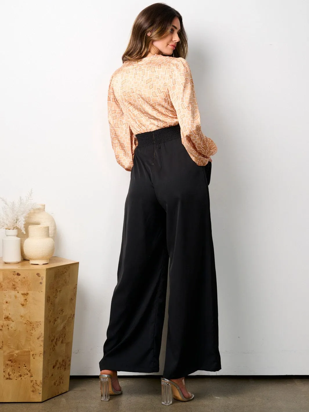 WOMEN'S LONG SLEEVE V-NECK POCKETS MULTI PRINT JUMPSUIT