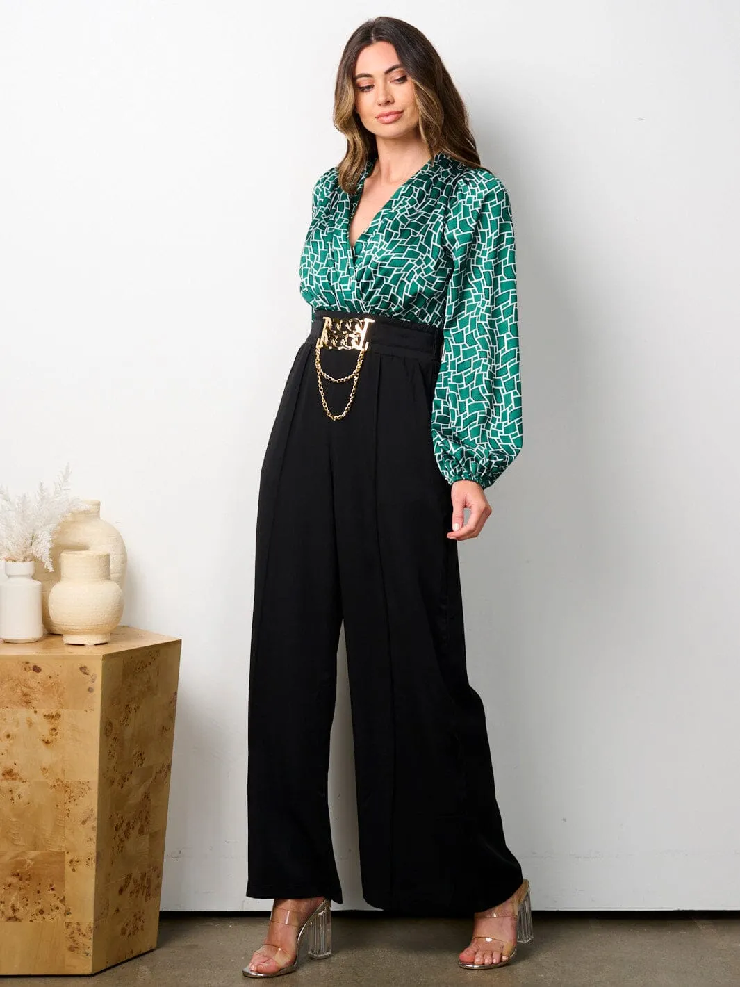 WOMEN'S LONG SLEEVE V-NECK POCKETS MULTI PRINT JUMPSUIT