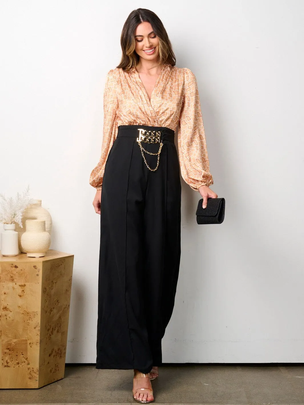 WOMEN'S LONG SLEEVE V-NECK POCKETS MULTI PRINT JUMPSUIT