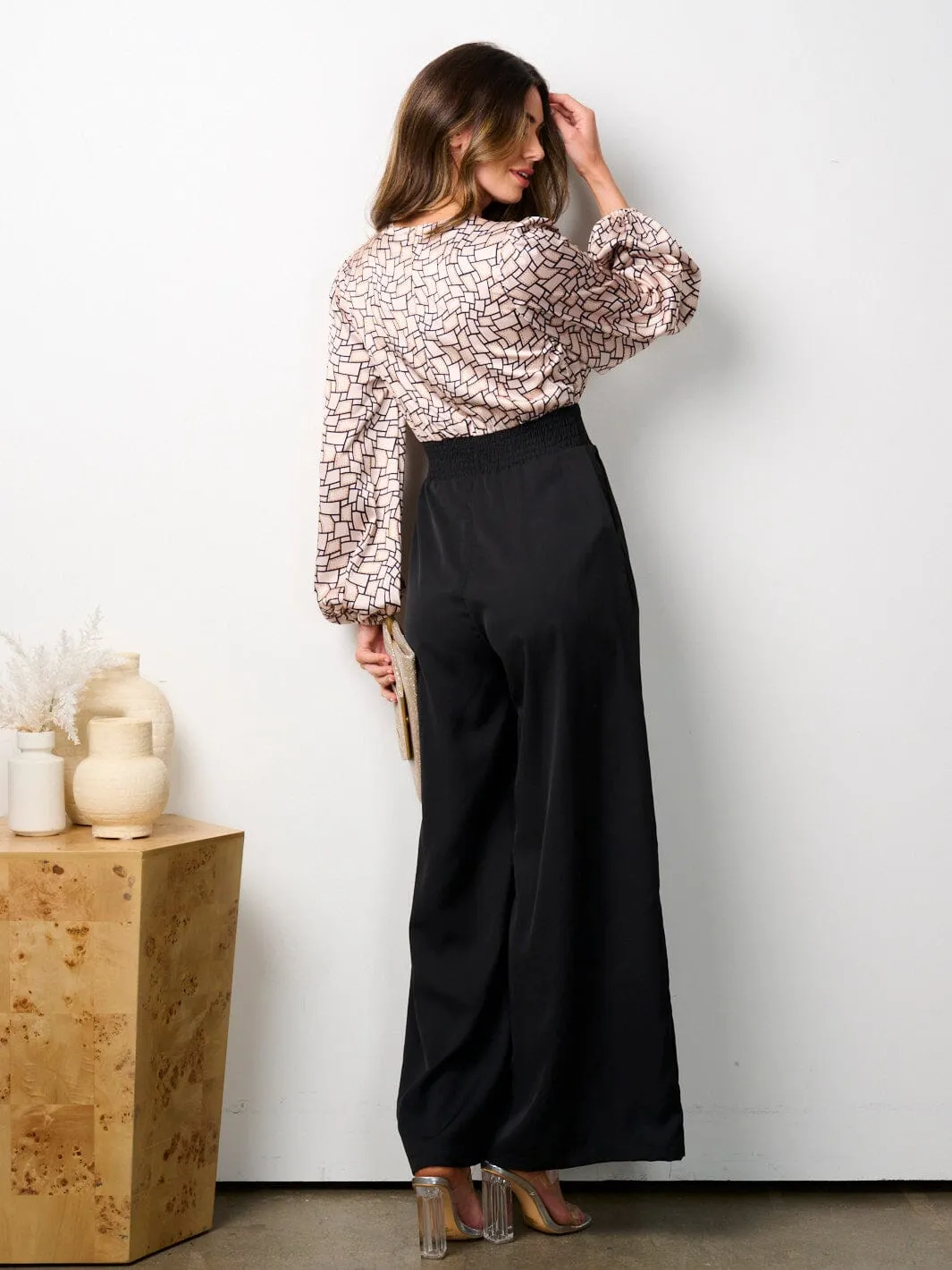 WOMEN'S LONG SLEEVE V-NECK POCKETS MULTI PRINT JUMPSUIT