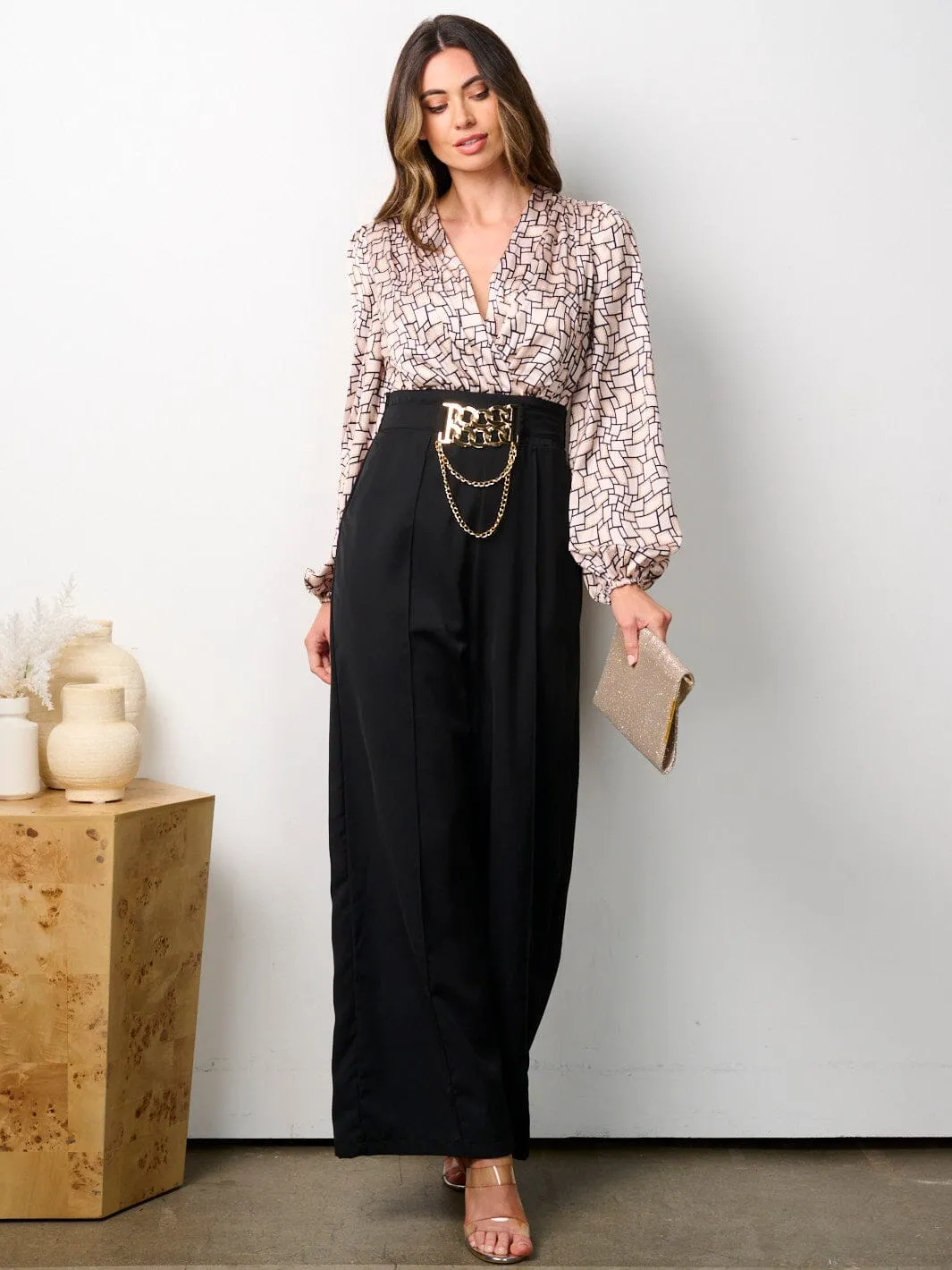 WOMEN'S LONG SLEEVE V-NECK POCKETS MULTI PRINT JUMPSUIT