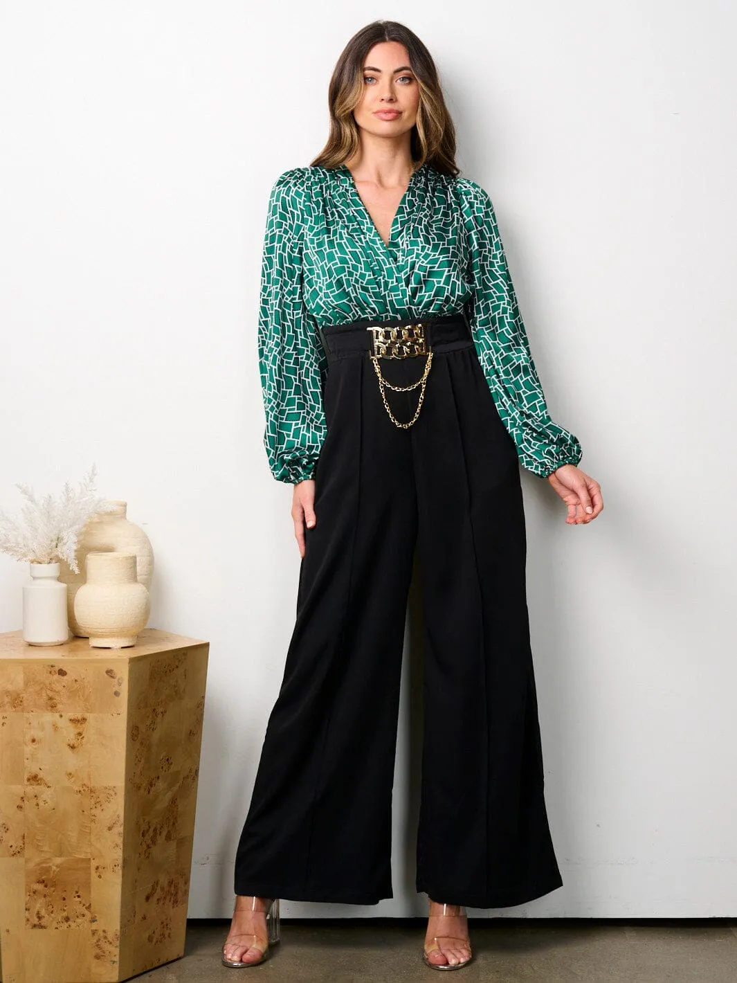 WOMEN'S LONG SLEEVE V-NECK POCKETS MULTI PRINT JUMPSUIT