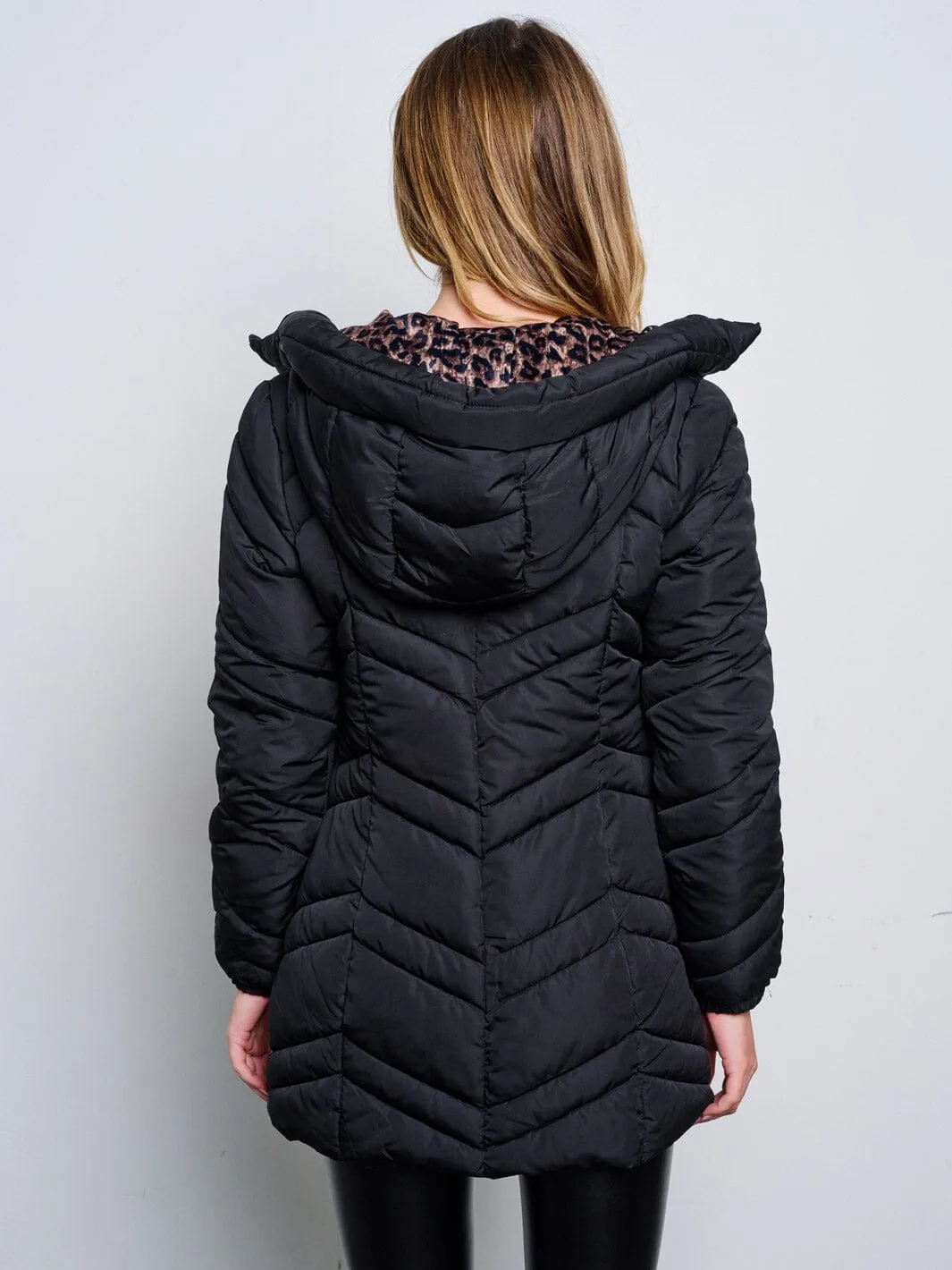 WOMEN'S LONG SLEEVE ZIP UP POCKETS HOODED PUFFER JACKET