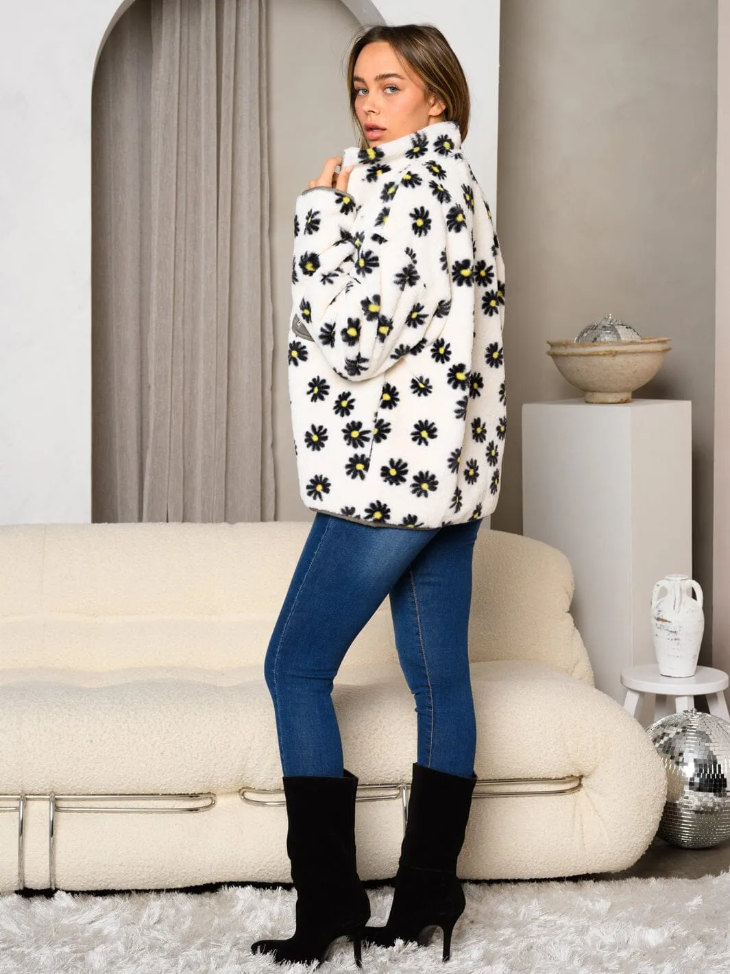 WOMEN'S LONG SLEEVE ZIPPER CLOSURE DAISY PRINT FUR JACKET