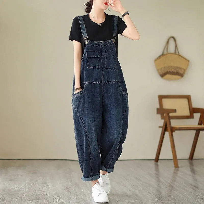 Women’s Multi Pocket Cargo Denim Overalls, Vintage Casual Loose Jumpsuit