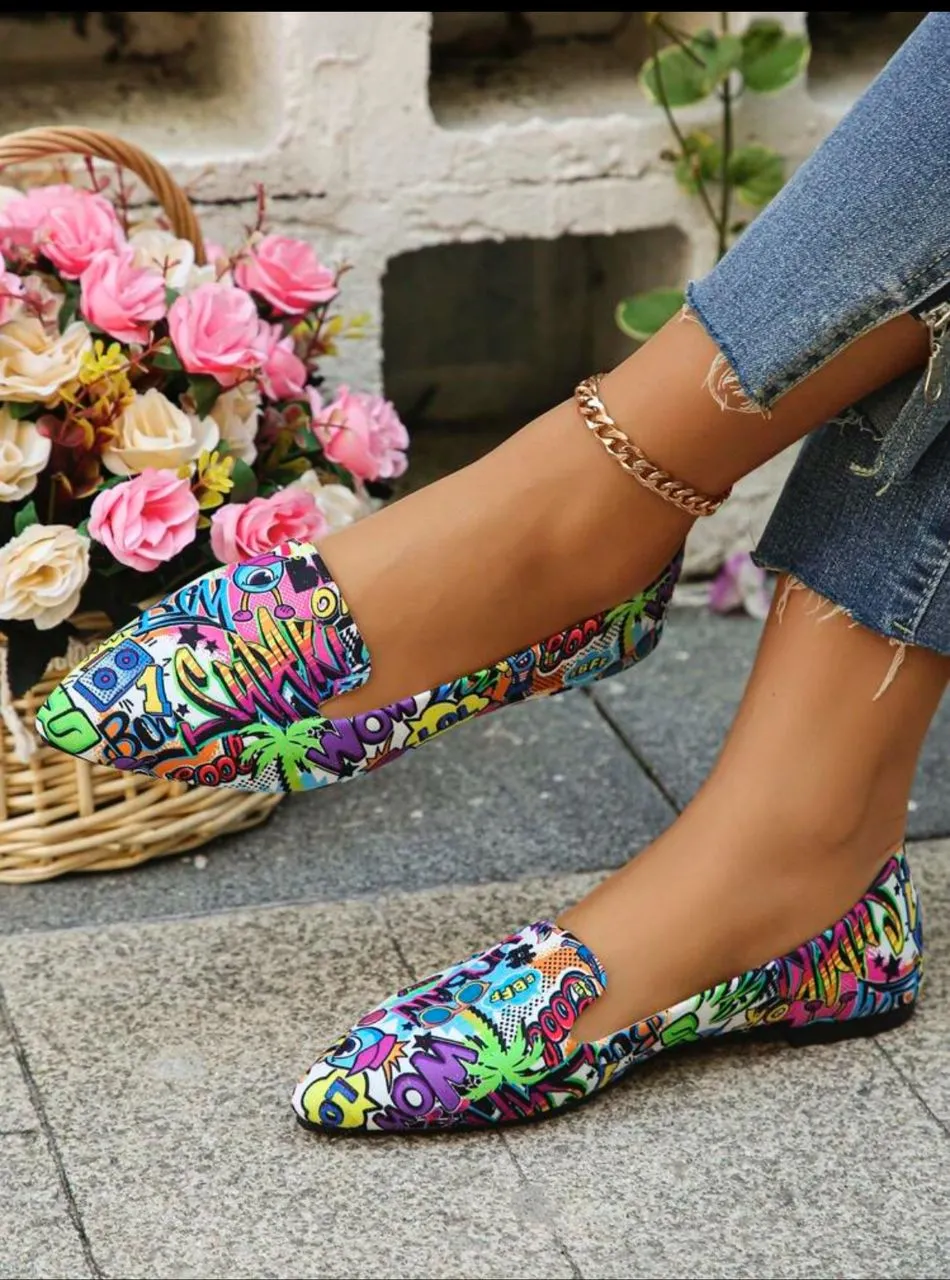 Women's Pointed Toe Color Patterned Flat Slip-On Shoes, New Autumn Outdoor Daily Driving Loafers, Fashion Fabric Soft Bottom Work Driving Moccasin Flats, Comfortable Versatile Shoes - Pattern On Shoe Uppers Random