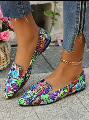 Women's Pointed Toe Color Patterned Flat Slip-On Shoes, New Autumn Outdoor Daily Driving Loafers, Fashion Fabric Soft Bottom Work Driving Moccasin Flats, Comfortable Versatile Shoes - Pattern On Shoe Uppers Random