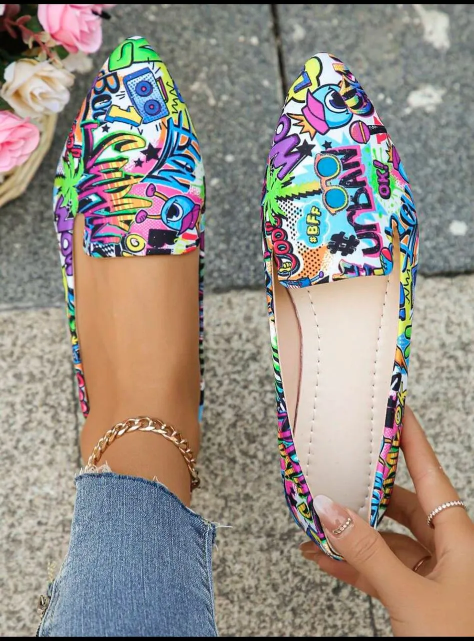 Women's Pointed Toe Color Patterned Flat Slip-On Shoes, New Autumn Outdoor Daily Driving Loafers, Fashion Fabric Soft Bottom Work Driving Moccasin Flats, Comfortable Versatile Shoes - Pattern On Shoe Uppers Random