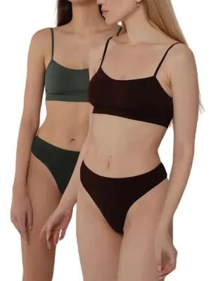 Women's Ribbed Bralette & Thong Sexy Seamless Underwear Set - Comfortable Wireless Bra with Removable Pads