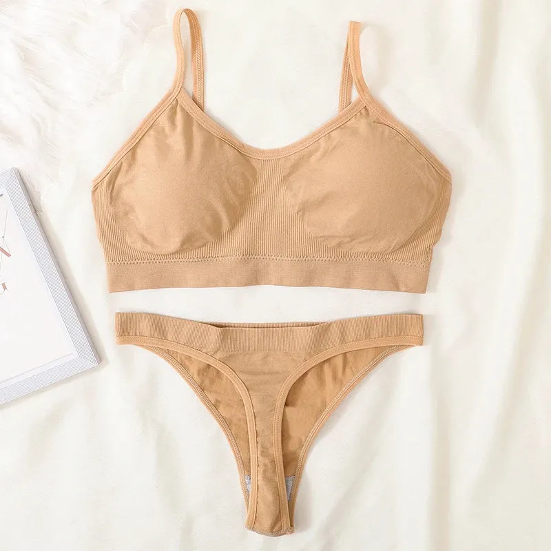 Women's Ribbed Bralette & Thong Sexy Seamless Underwear Set - Comfortable Wireless Bra with Removable Pads