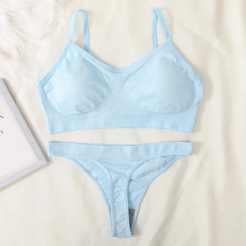 Women's Ribbed Bralette & Thong Sexy Seamless Underwear Set - Comfortable Wireless Bra with Removable Pads