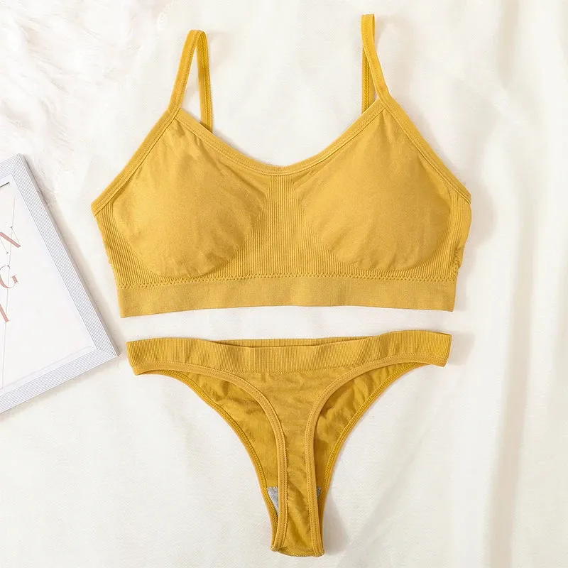 Women's Ribbed Bralette & Thong Sexy Seamless Underwear Set - Comfortable Wireless Bra with Removable Pads
