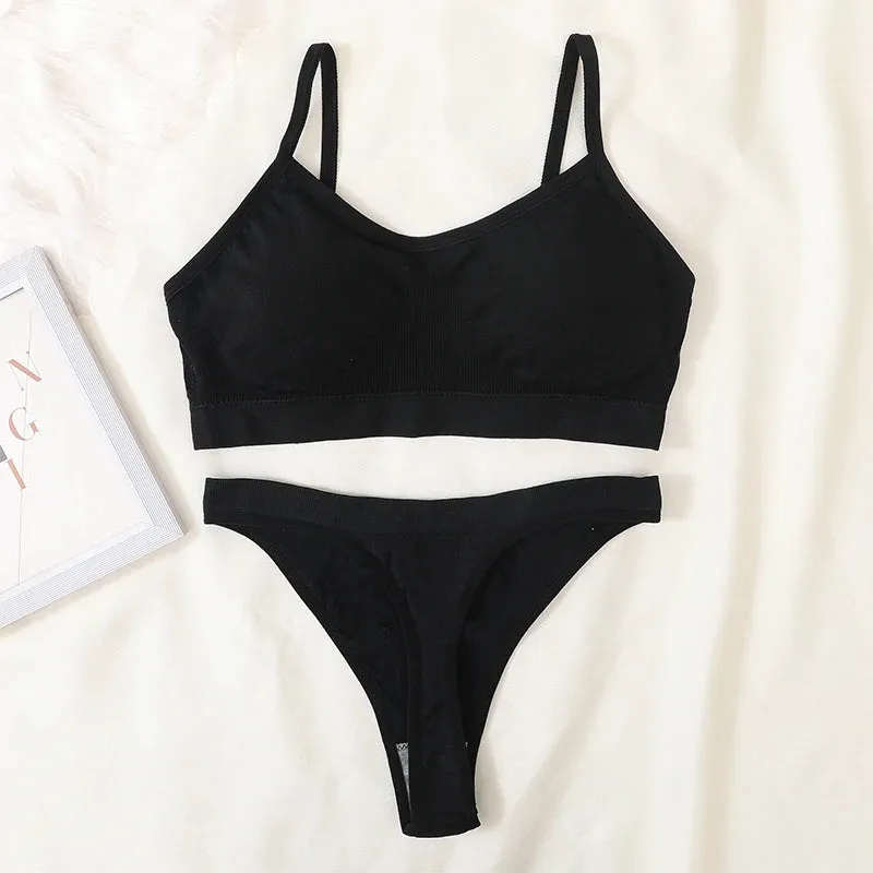 Women's Ribbed Bralette & Thong Sexy Seamless Underwear Set - Comfortable Wireless Bra with Removable Pads