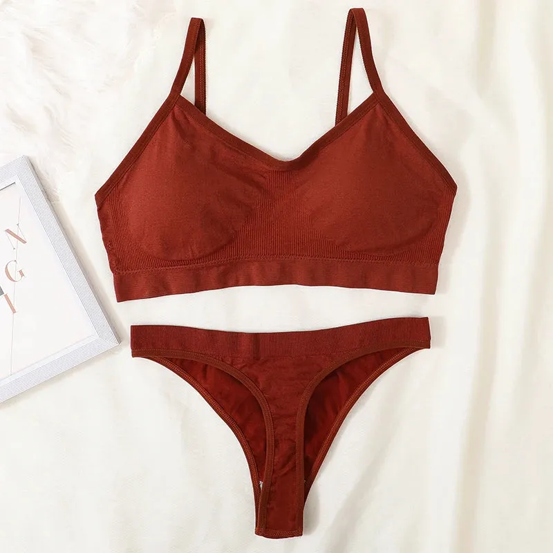 Women's Ribbed Bralette & Thong Sexy Seamless Underwear Set - Comfortable Wireless Bra with Removable Pads