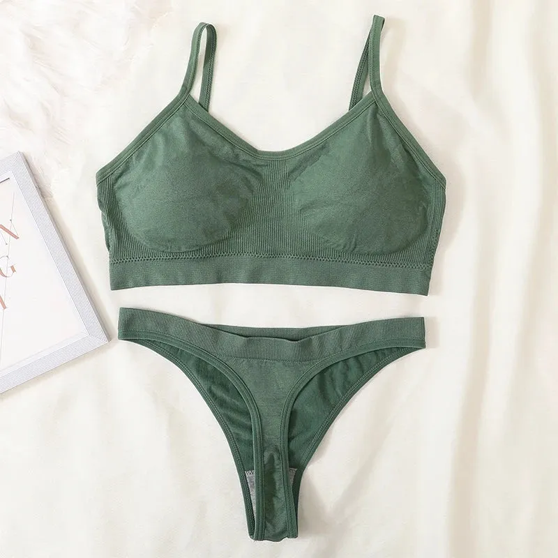Women's Ribbed Bralette & Thong Sexy Seamless Underwear Set - Comfortable Wireless Bra with Removable Pads