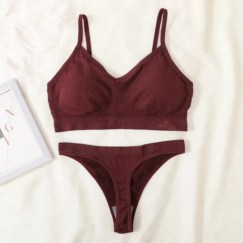 Women's Ribbed Bralette & Thong Sexy Seamless Underwear Set - Comfortable Wireless Bra with Removable Pads
