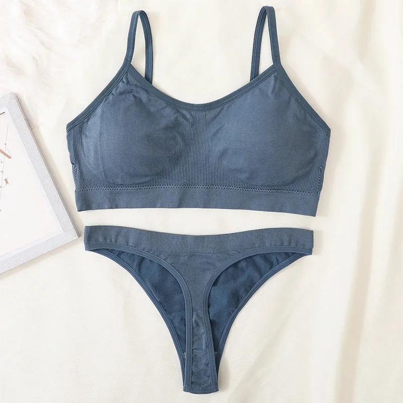 Women's Ribbed Bralette & Thong Sexy Seamless Underwear Set - Comfortable Wireless Bra with Removable Pads